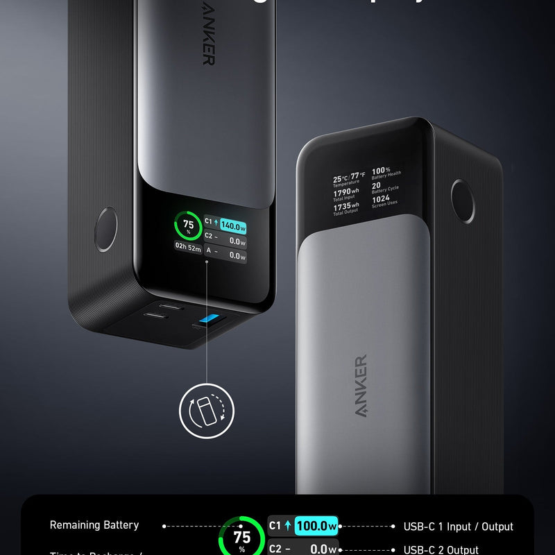 Anker 737 PowerCore 24K black portable power bank for charging devices, compact design with multiple USB ports