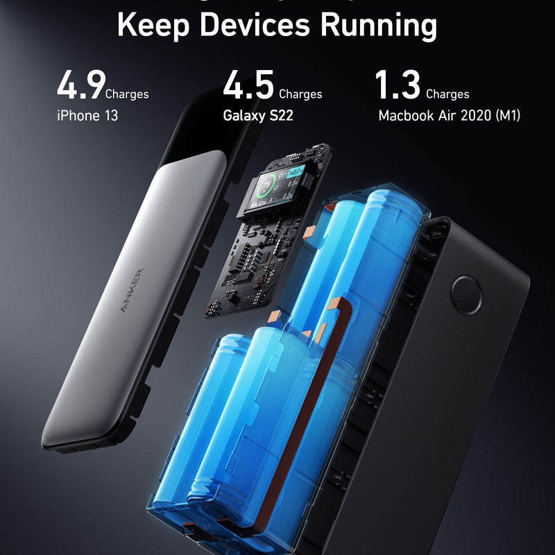 Anker 737 PowerCore 24K portable power bank in black for charging devices on the go, with multiple USB ports and sleek design.