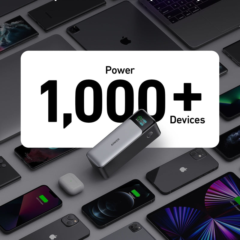Black Anker 737 PowerCore 24K power bank for charging devices, featuring multiple USB ports and compact design.