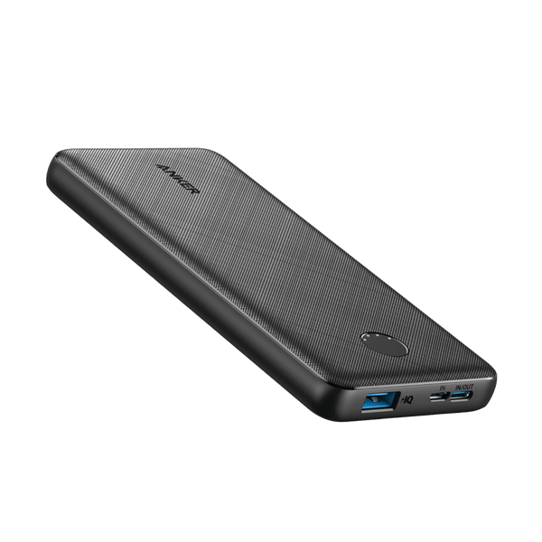 Anker PowerCore 10K portable power bank in black, compact charging device with high-capacity battery for on-the-go charging.