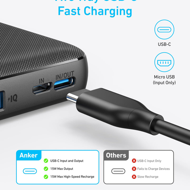 Black Anker PowerCore 10K 313 charging-only power bank with compact design and USB port for portable device charging.