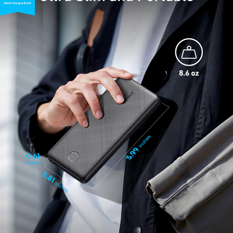 Anker PowerCore 10K portable power bank in black, compact charging device for mobile phones and small electronics.