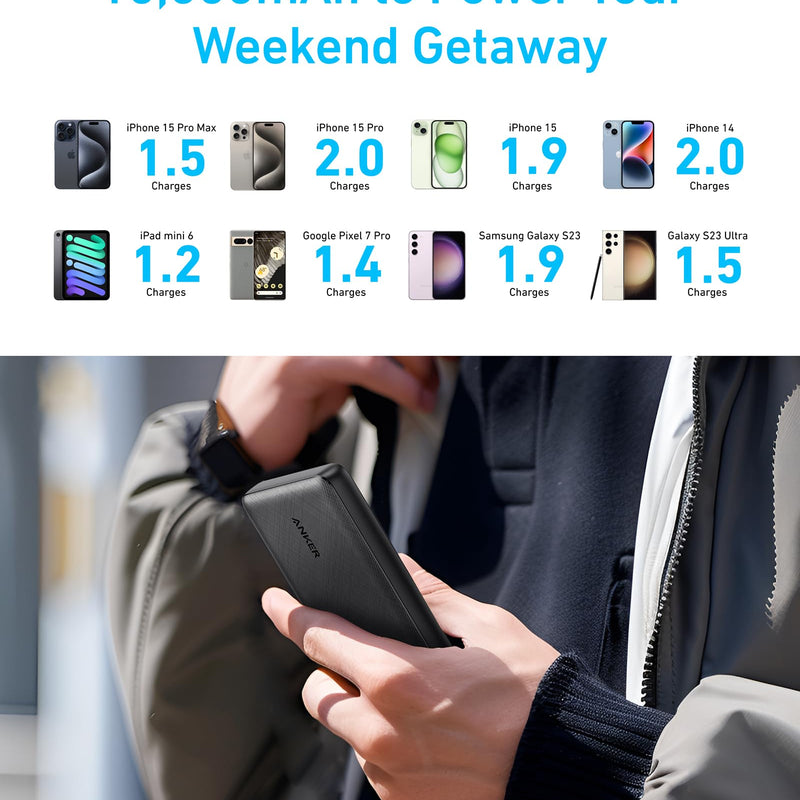 Black Anker PowerCore 10K 313 portable power bank for charging devices, compact and lightweight design.