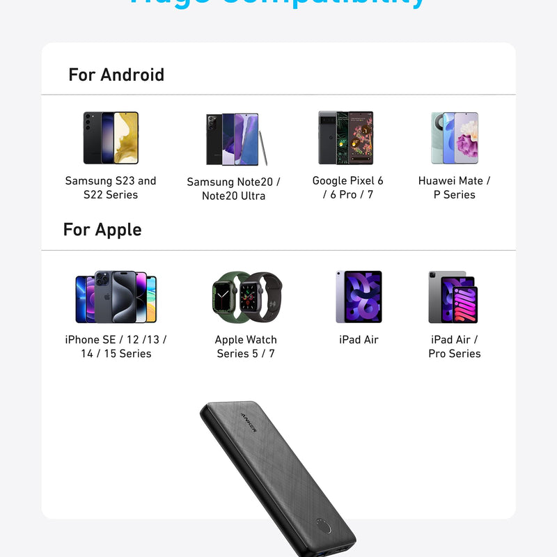 Black Anker PowerCore 10K 313 power bank for charging devices, compact portable battery pack with dual USB ports.