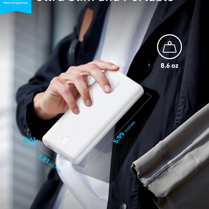 Black Anker 313 PowerCore 10K portable power bank for charging devices, compact and lightweight design.