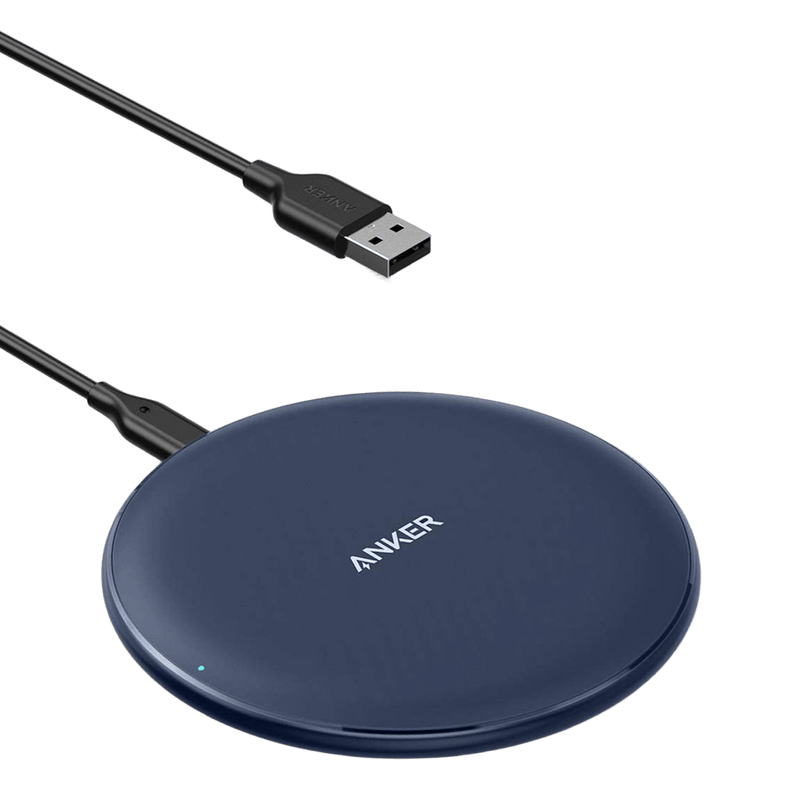 Anker 313 wireless charging pad in black, designed for charging smartphones wirelessly on a sleek, flat pad surface.