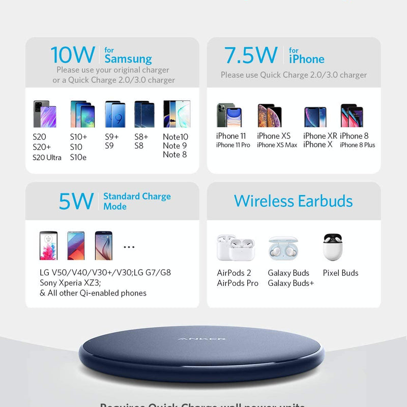 Black Anker 313 wireless charging pad for charging devices quickly and easily with a sleek, compact design.