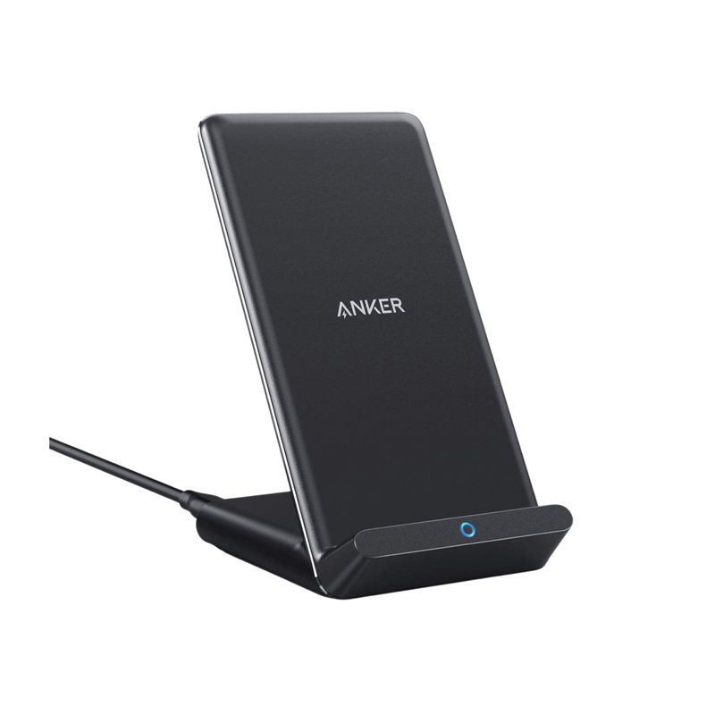 Black Anker 313 Wireless Charging Stand for charging smartphones wirelessly in a sleek stand design.