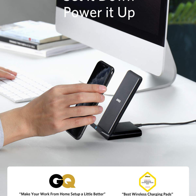 Anker 313 wireless stand charger in black for easy charging of smartphones without cables, designed for convenience and fast wireless charging.