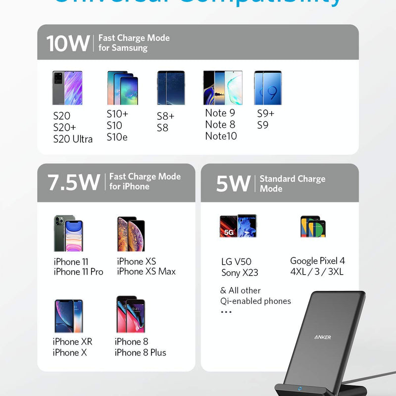 Anker 313 wireless charging stand in black for convenient, cable-free charging of smartphones and compatible devices.