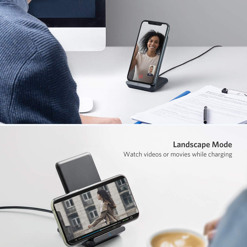 Anker 313 wireless charging stand in black for charging smartphones wirelessly, with a sleek upright design.