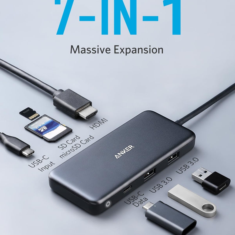 Anker 341 USB-C Hub 7-in-1 charging-only black hub with multiple ports for device connectivity and charging.