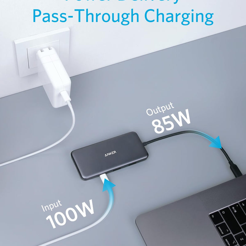 Anker 341 USB-C Hub in black showing multiple ports for charging and connectivity, designed for versatile device use.