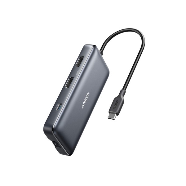 Anker 553 USB-C Hub in black with multiple ports for charging, including USB-C, USB-A, HDMI, and SD card slots.