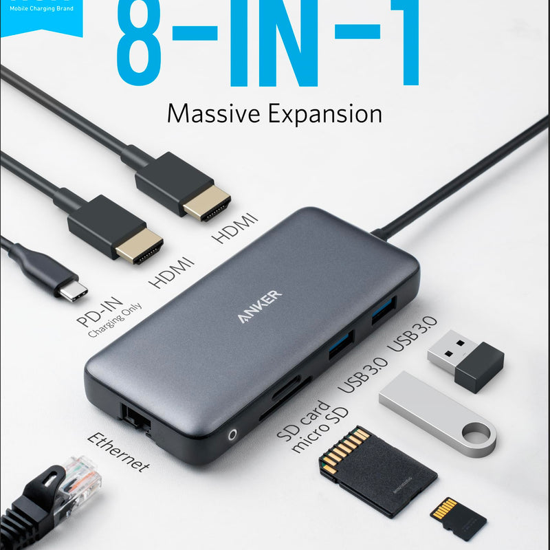 Anker 553 USB-C Hub in black showing multiple ports for charging and connectivity, designed for versatile device expansion.
