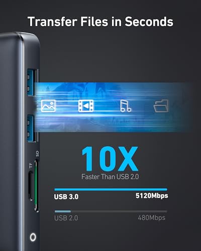 Anker 553 USB-C Hub in black showing multiple ports for charging and connectivity on a sleek surface.