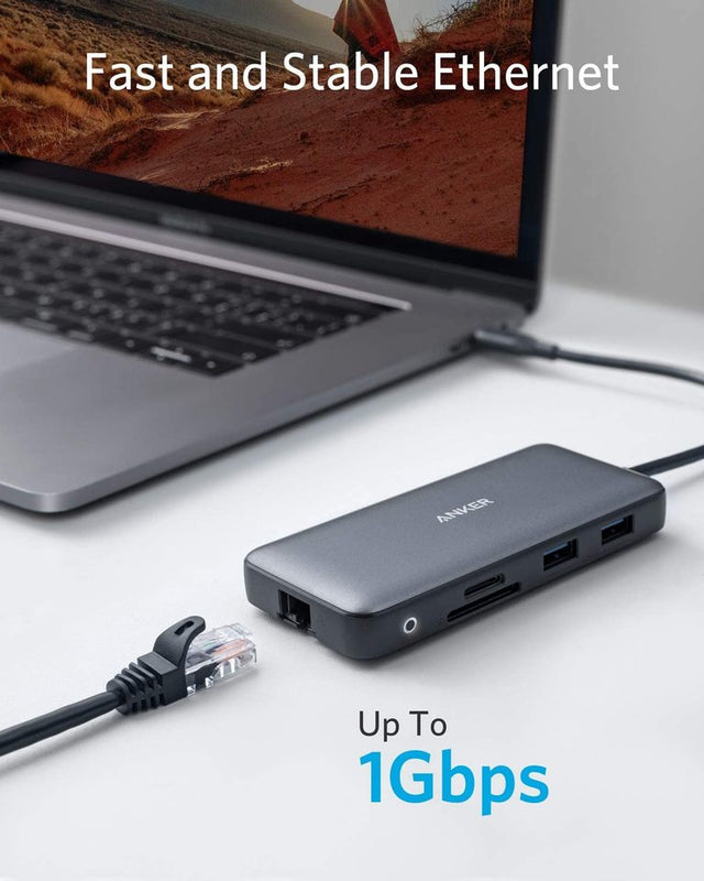 Anker 553 USB-C Hub 8-in-1 charging station with multiple ports in black, designed for versatile device connectivity