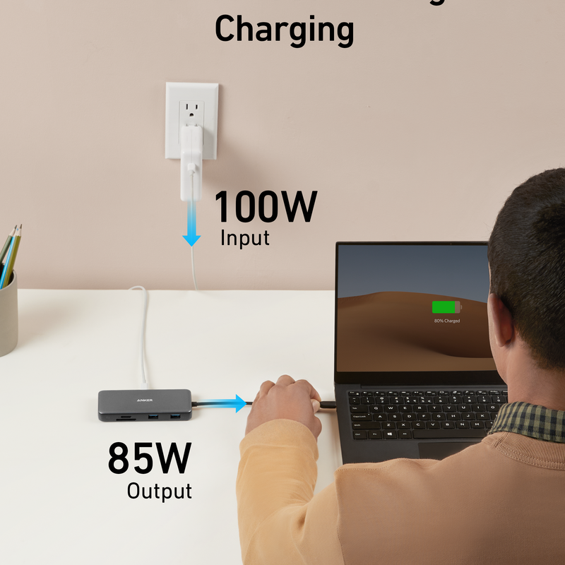 Anker 555 USB-C Hub charging only in black showing multiple ports including USB-C, HDMI, and USB-A for versatile connectivity.