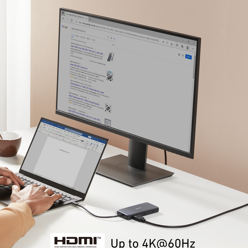 Anker 555 USB-C Hub in black, showing multiple charging ports and connection options on the 8-in-1 charging hub.