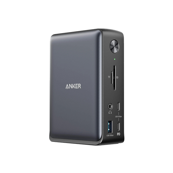 Anker 575 USB-C Docking Station in black, designed for charging with multiple ports, including USB-C for versatile device connectivity.