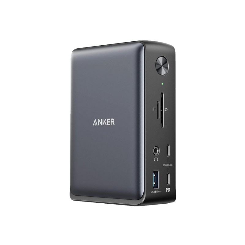 Anker 575 USB-C Docking Station in black, designed for charging with multiple ports, including USB-C for versatile device connectivity.