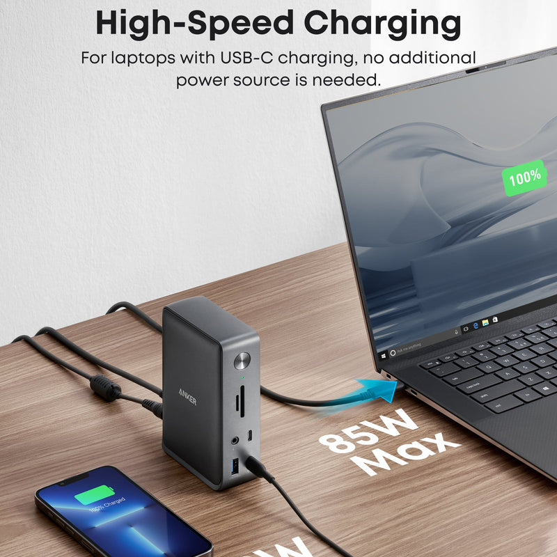 Anker 575 USB-C Docking Station in black, designed for charging with multiple ports, showcasing its compact, sleek design.