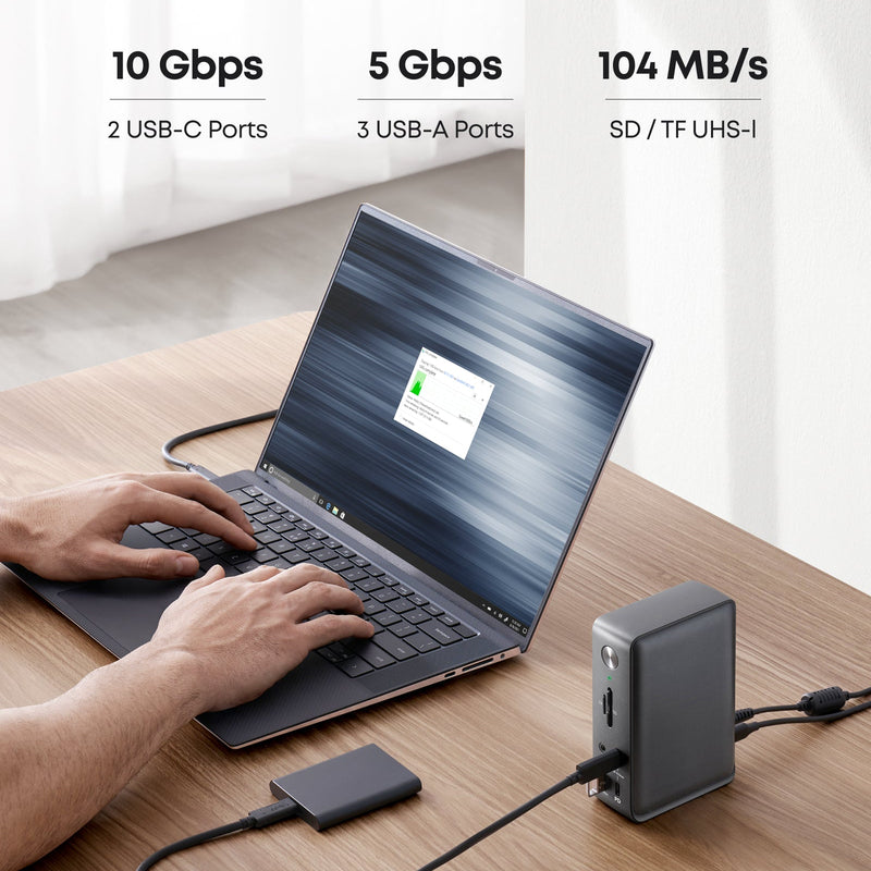 Anker 575 USB-C Docking Station in black for charging, featuring multiple ports for versatile device connectivity and power delivery.