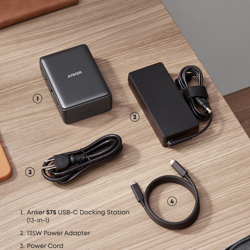 Anker 575 USB-C Docking Station in black, designed for charging with multiple ports, ideal for connecting devices and powering setups.