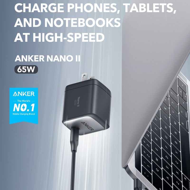 Anker 715 Nano II 65W charging only black power adapter for fast device charging, compact and portable design.