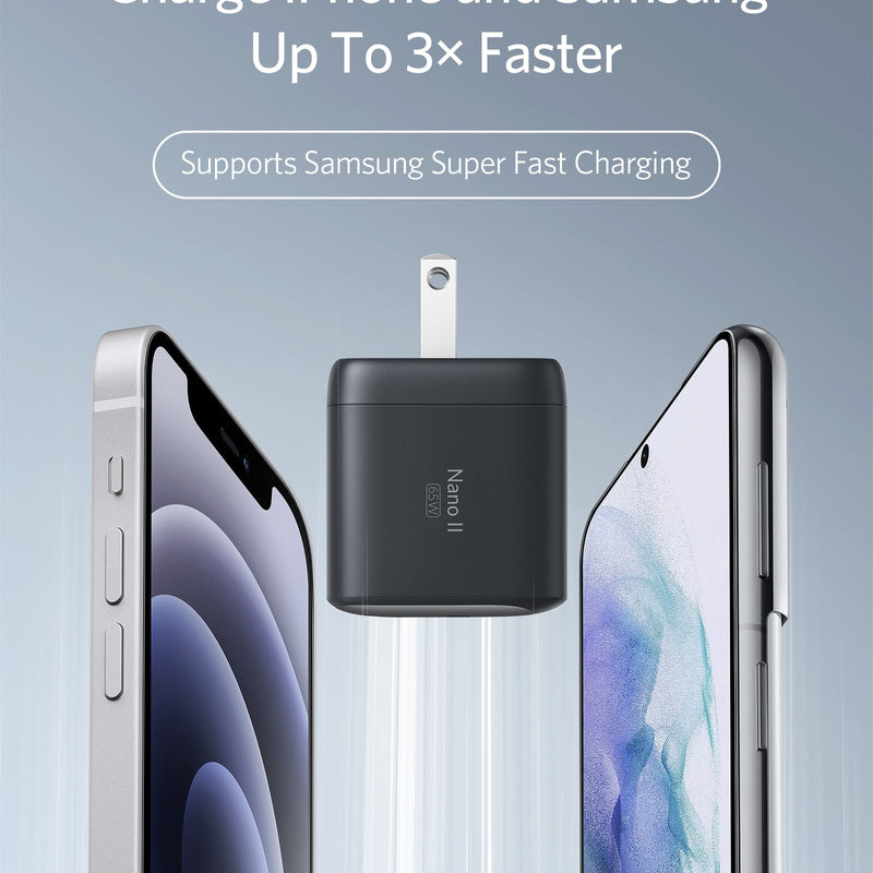 Anker 715 Nano II 65W charging-only USB-C wall charger in black with compact design and sleek finish.