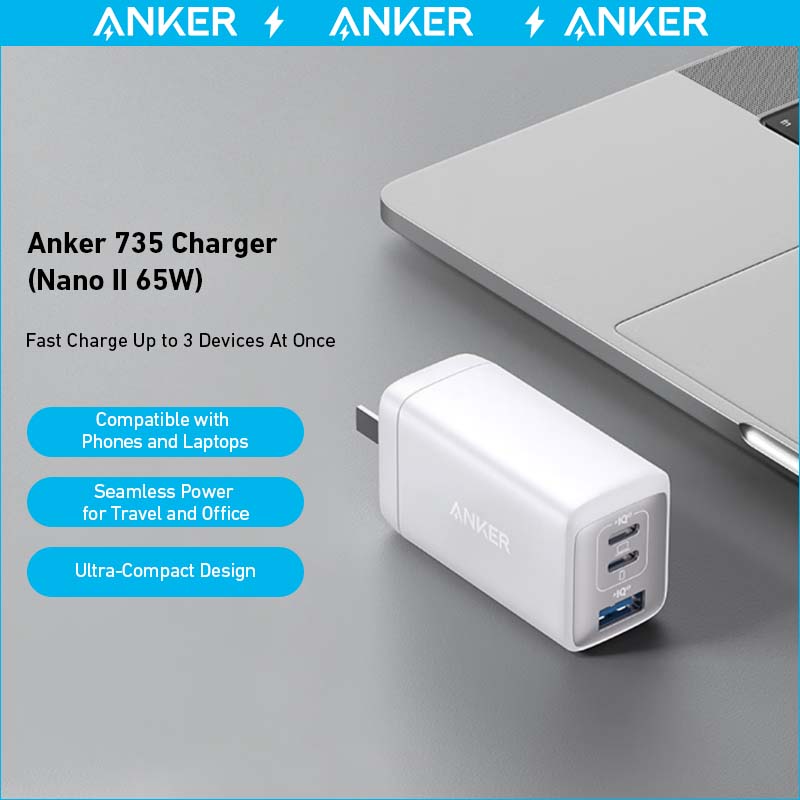 Anker 735 Nano II 65W charging-only black charger pair, compact and portable for fast device charging.