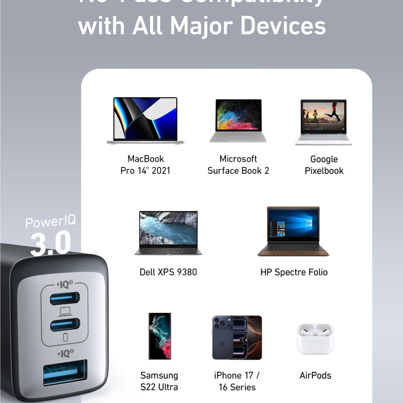 Anker 735 Nano II 65W charging-only USB-C wall charger in black with compact design and power indicator light.