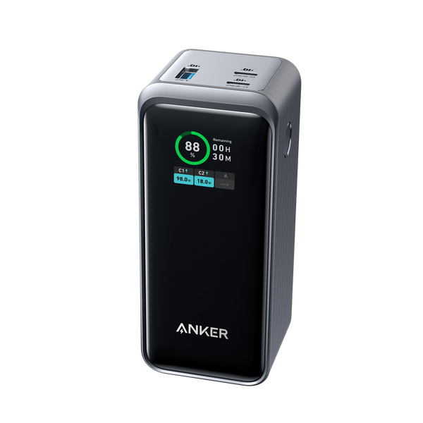 Anker Prime Power Bank 20K 200W in black, compact portable charging device for smartphones and gadgets.
