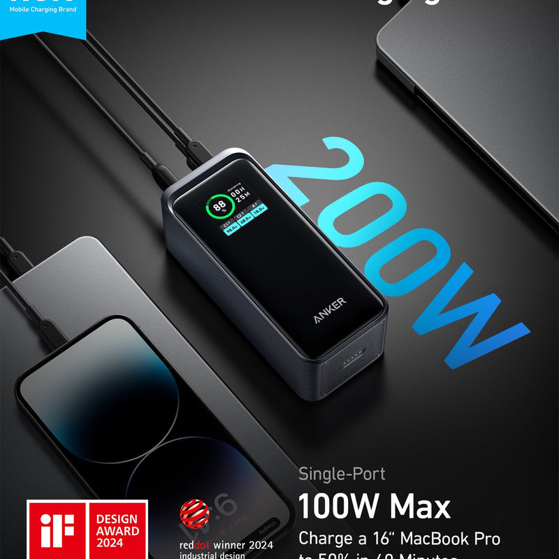 Anker Prime Power Bank 20K 200W in black, portable charging device with multiple ports for fast device charging.