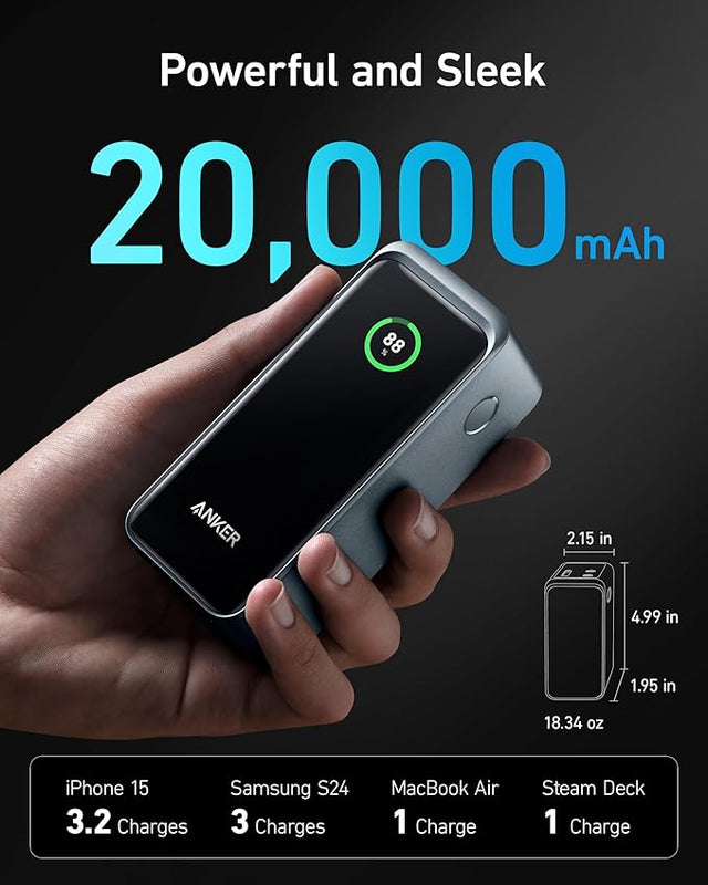 Anker Prime Power Bank 20K 200W in black, portable charging device with multiple ports for fast device charging.