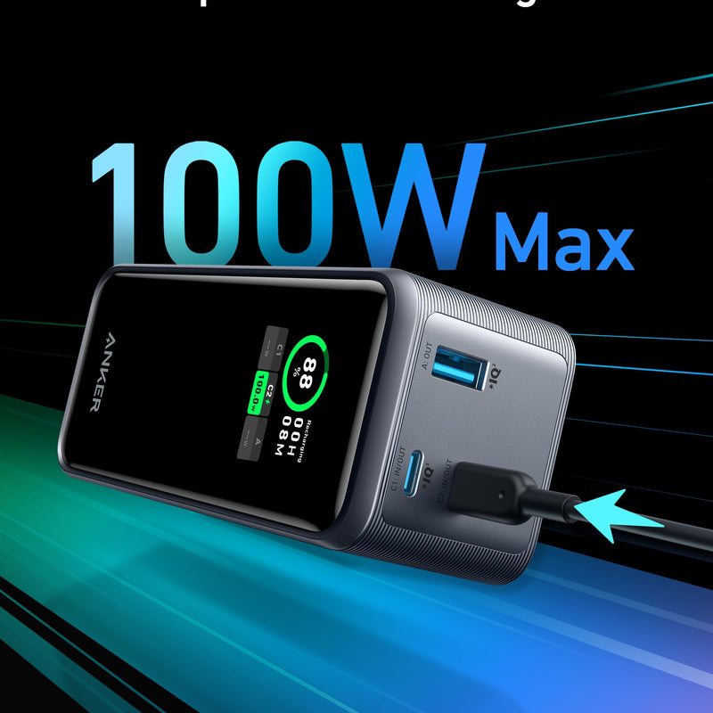 Anker Prime Power Bank 20K 200W in black, compact portable charger with multiple ports for fast device charging.
