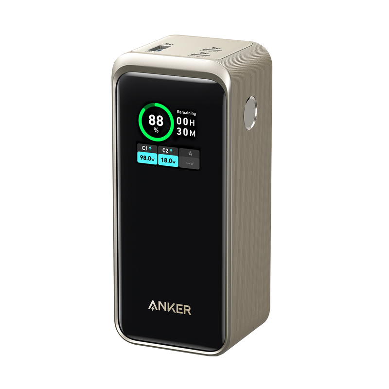 Black Anker Prime Power Bank 20K 200W, charging-only portable power bank with multiple ports and compact design.