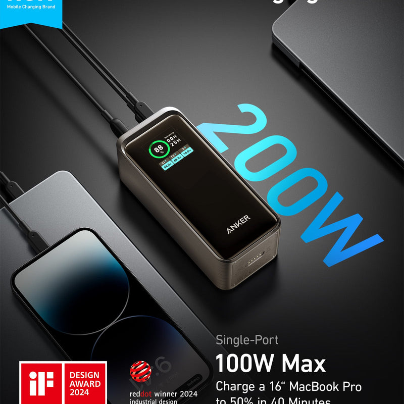 Black Anker Prime Power Bank 20K with 200W charging capacity, portable device for fast power delivery and charging only.
