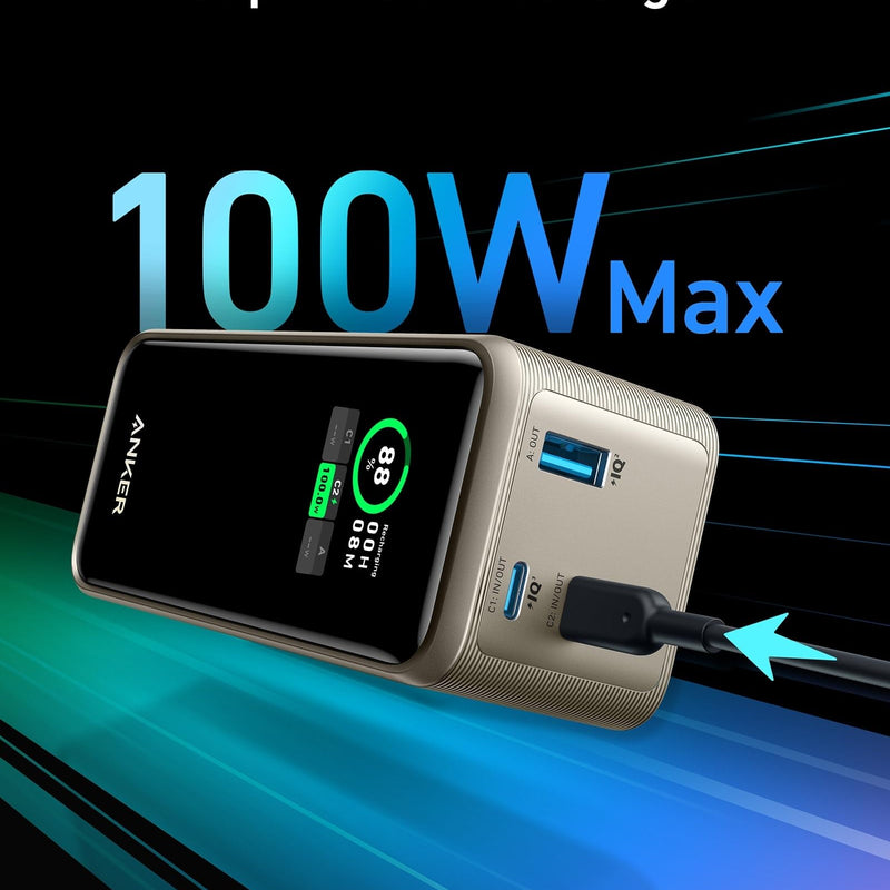 Black Anker Prime Power Bank 20K with 200W charging capacity, compact portable power bank for fast device charging.
