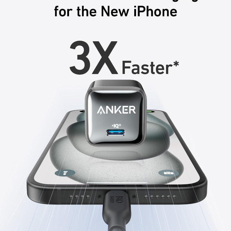 Black Anker Nano 20W charger for fast charging devices, compact and portable power adapter for smartphones and tablets.