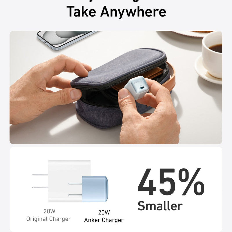 Anker Nano 20W charger in black, compact and sleek design for fast charging devices.