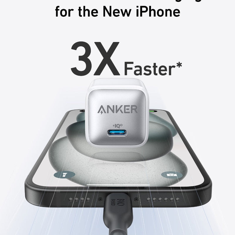 Anker Nano 20W charger for fast charging, black compact power adapter with USB-C port.