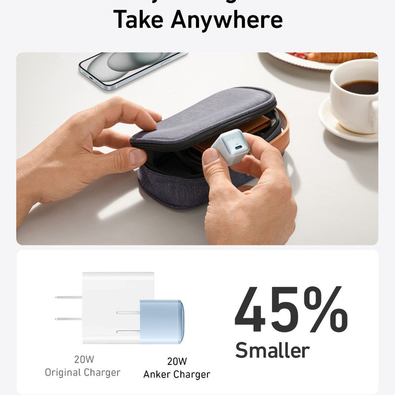 Anker Nano 20W charger in black, compact design, shown plugged into a power outlet, ideal for fast smartphone charging.