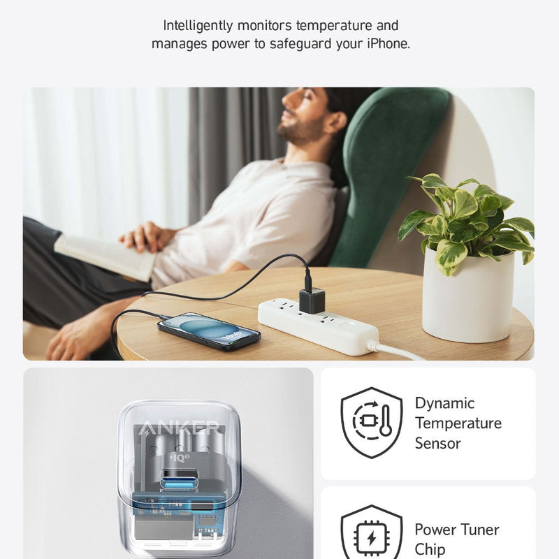 Anker Nano 20W charger in black, compact charging device with USB-C port, designed for fast device charging.
