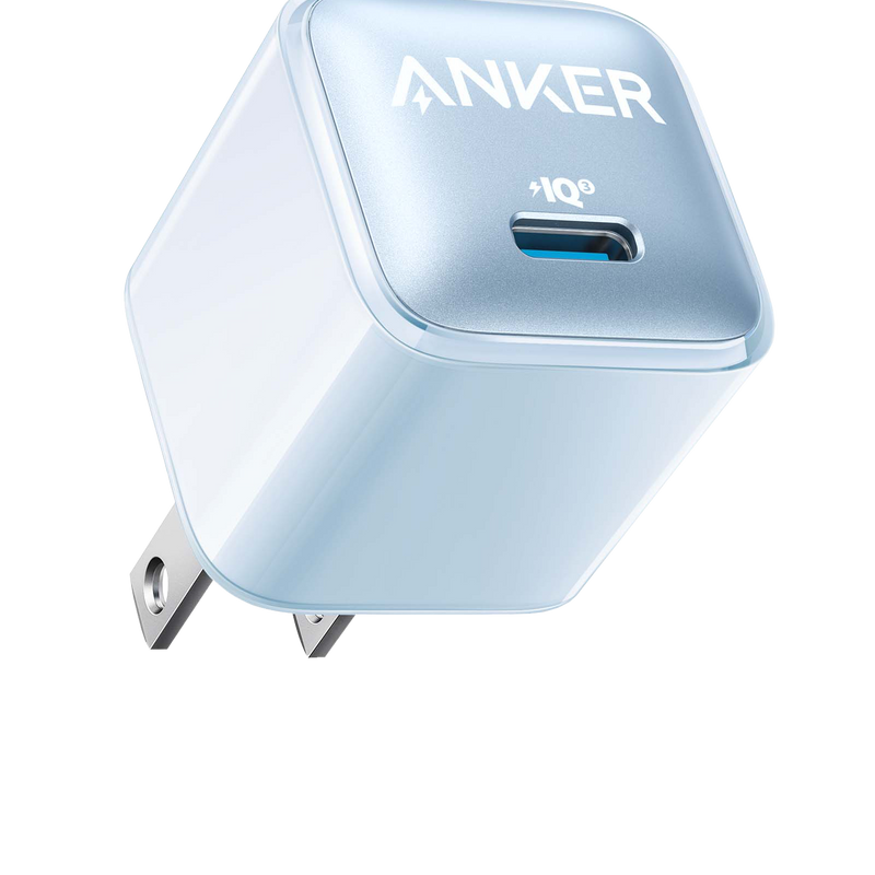 Anker Nano 20W charger, black charging device with compact design for fast power delivery.