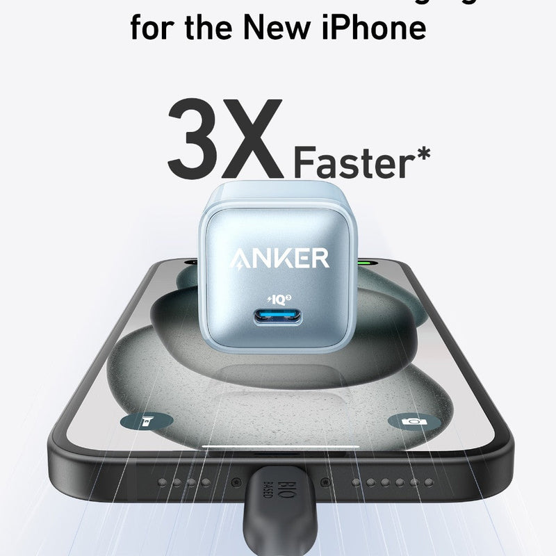 Black Anker Nano 20W charger shown, compact charging device designed for fast and efficient power delivery.
