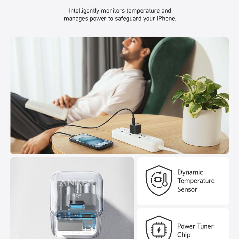 Anker Nano Charger 20W in black, compact charging device for fast smartphone and device charging.