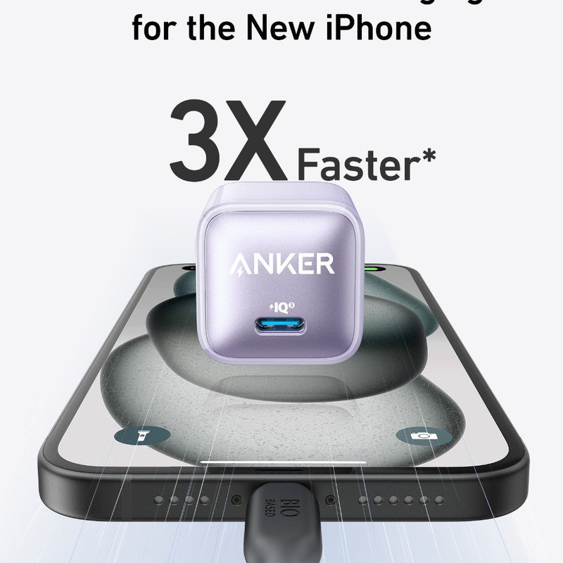 Anker Nano 20W charger in black, designed for fast charging devices with compact and portable charging technology.