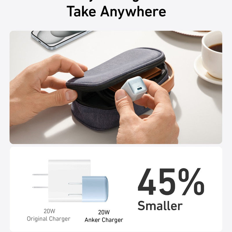 Anker Nano 20W charger in black, compact charging device designed for fast power delivery and convenient portable use.