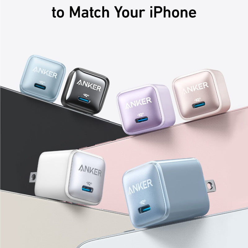 Anker Nano 20W charger in black, compact charging device with USB-C port for fast charging.
